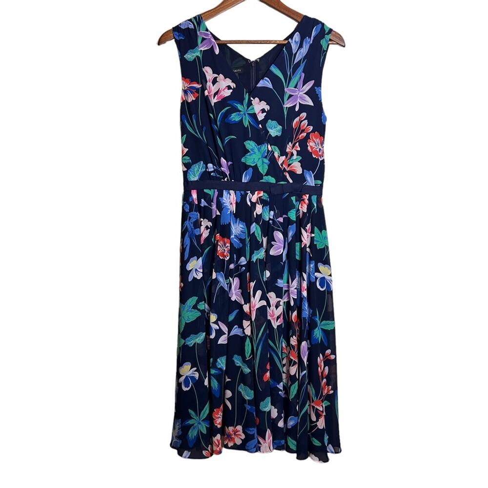 Talbots Womens Dress 4 Blue Floral Fit Flare Sleeveless Lined V-Neck Midi
